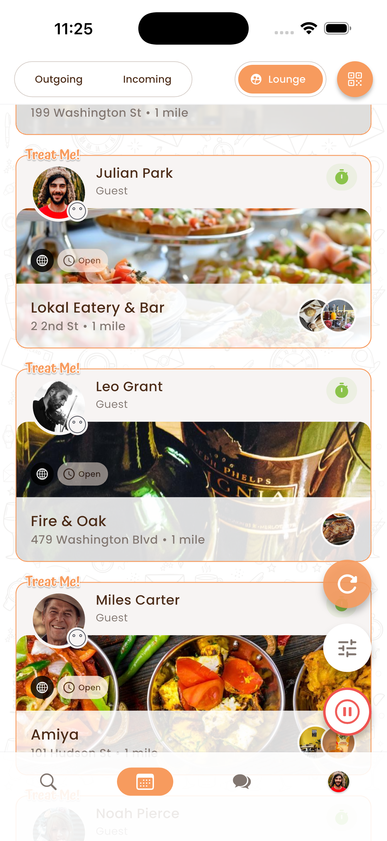 Treat.Me browse screen showing nearby meal invitations
